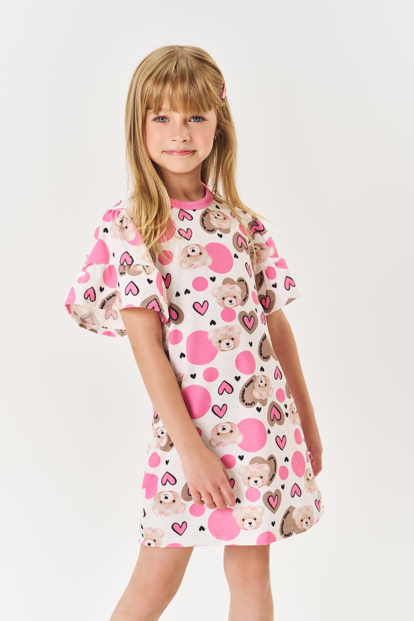 Vestido Infantil Cinti Inverno Off White Ursinhos Corações