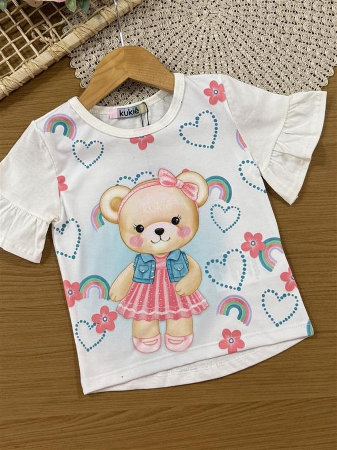 Conjunto Infantil Kukiê Verão com Shorts Azul e Blusa Branca Ursinha Corações