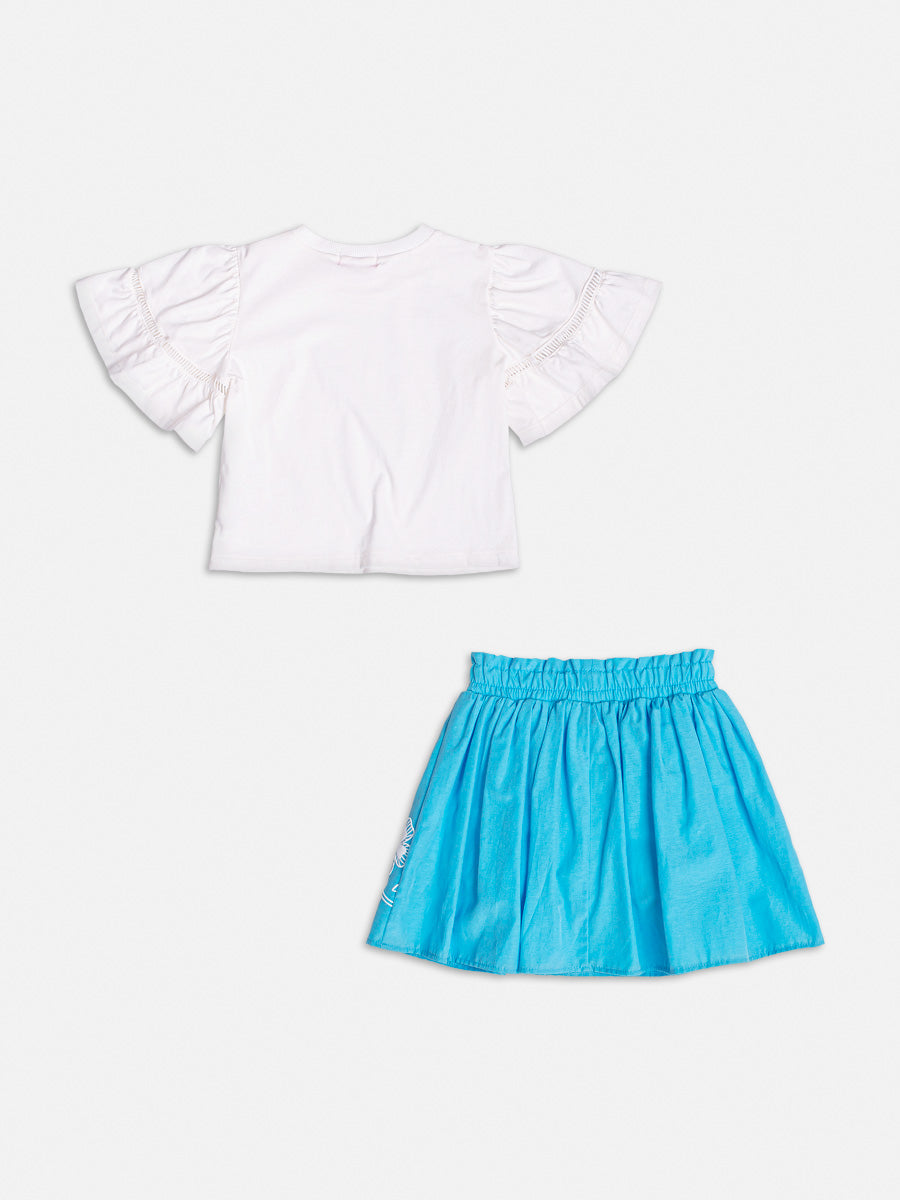 Conjunto Infanti Momi Verão Com Saia Azul Flores e Blusa Branca