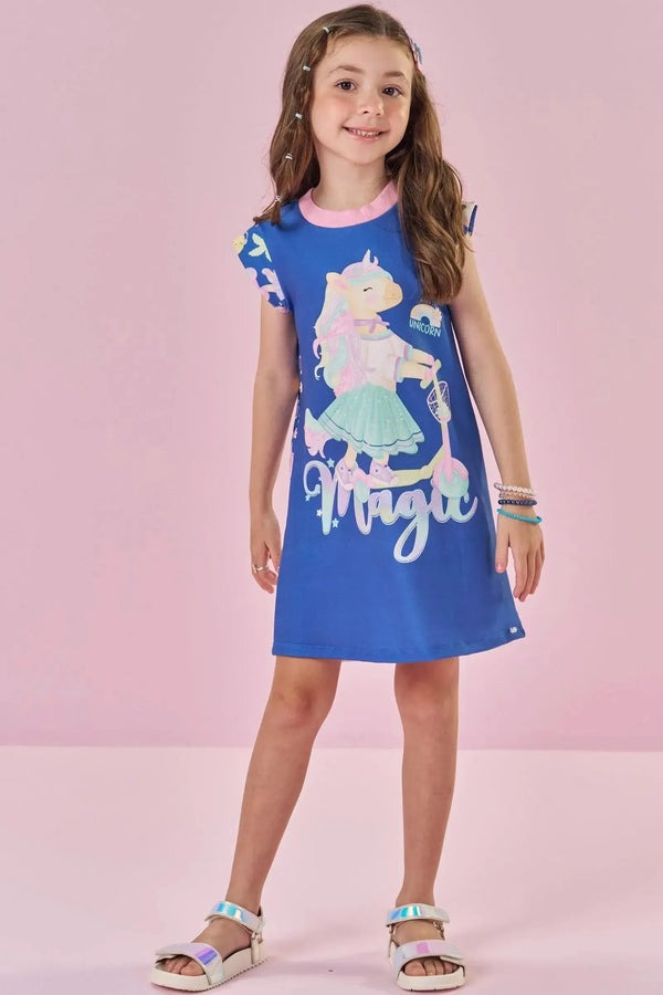 Vestido Infantil Kukiê Verão Azul Unicórnio