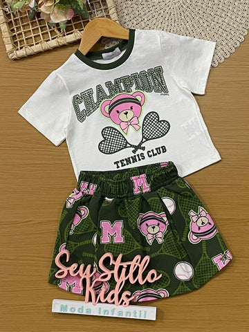 Conjunto Infantil Momi Inverno Shorts Saia Verde e Blusa Manga Curta Champion