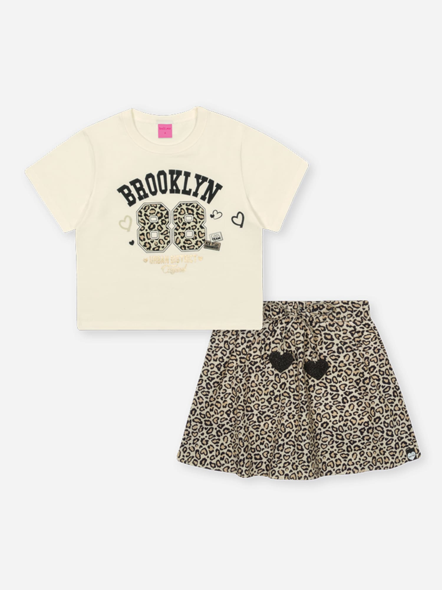 Conjunto Infantil Belime Verão com Saia Onça e Blusa Branca Brooklyn