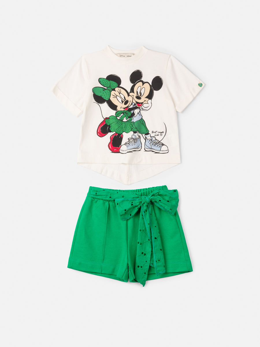 Conjunto Infantil Animê Verão Shorts Verde e Blusa Minnie e Mickey Disney