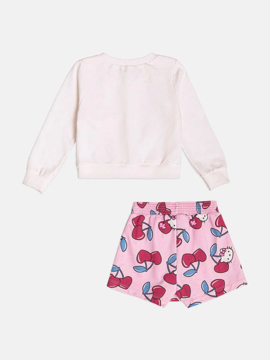 Conjunto Infantil Momi Inverno com Shorts Saia Rosa e Moletom sem Flanela Bolsinha Hello Kitty 3D