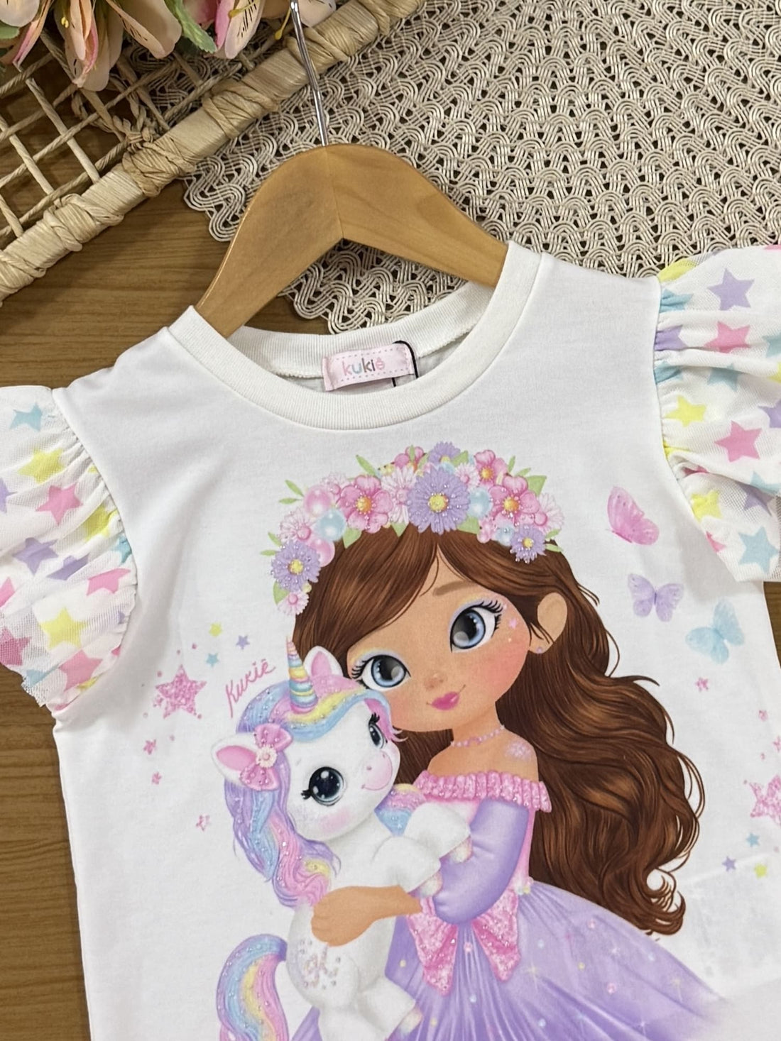 Blusa Infantil Kukiê Verão Branca Menina e Unicórnio