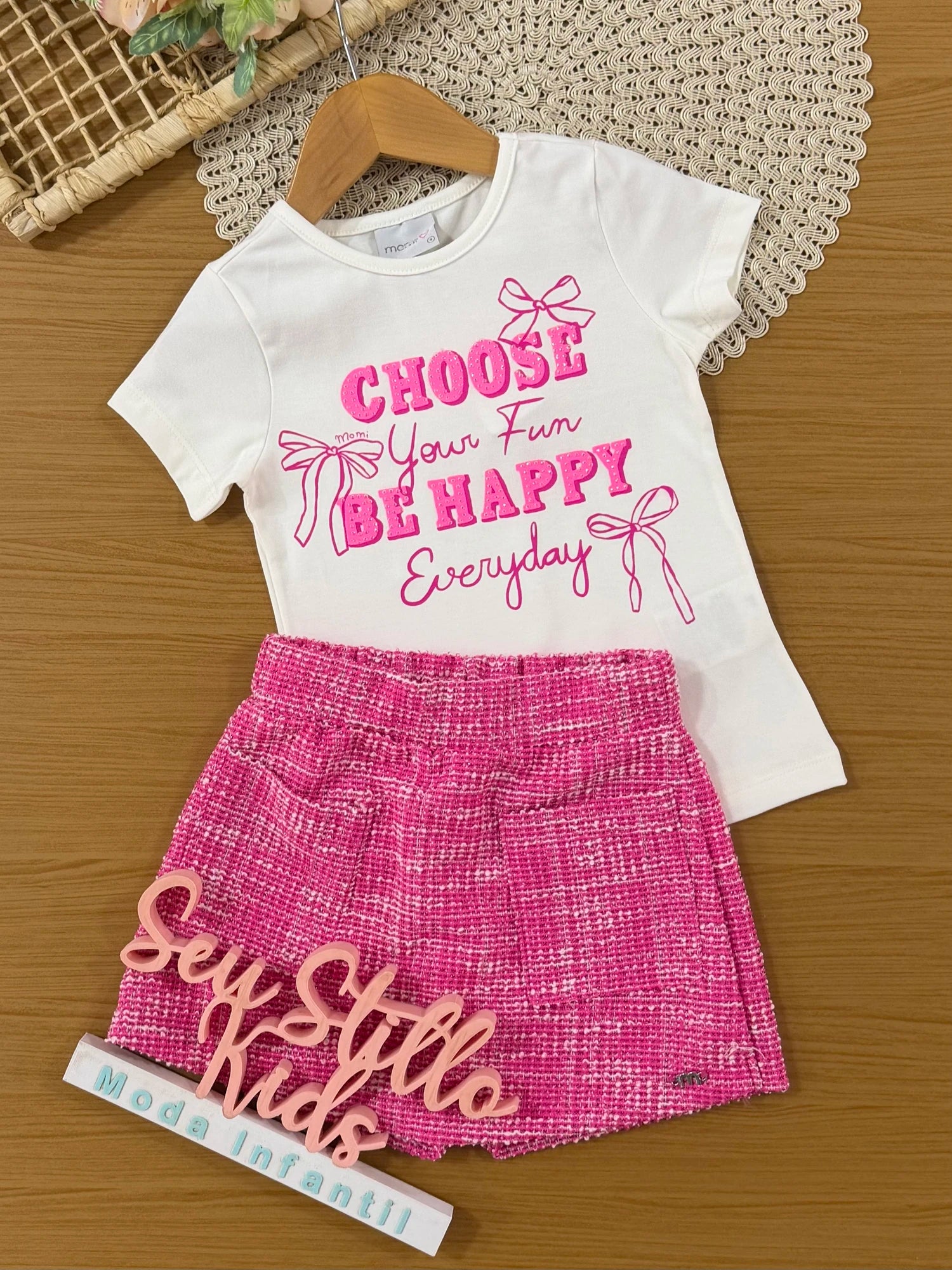 Conjunto Infantil Momi Inverno com Shorts Saia Rosa e Blusa Manga Curta Choose be Happy