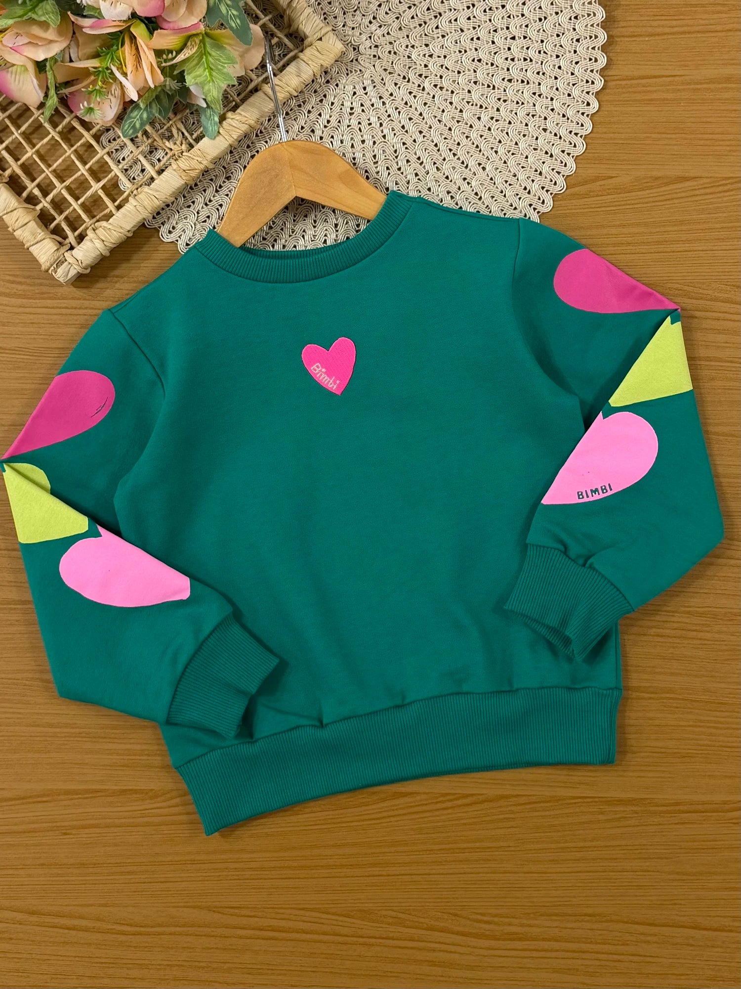 Conjunto Infantil Bimbi Inverno com Calça e Moletom sem Flanela Verde Coraçãozinho