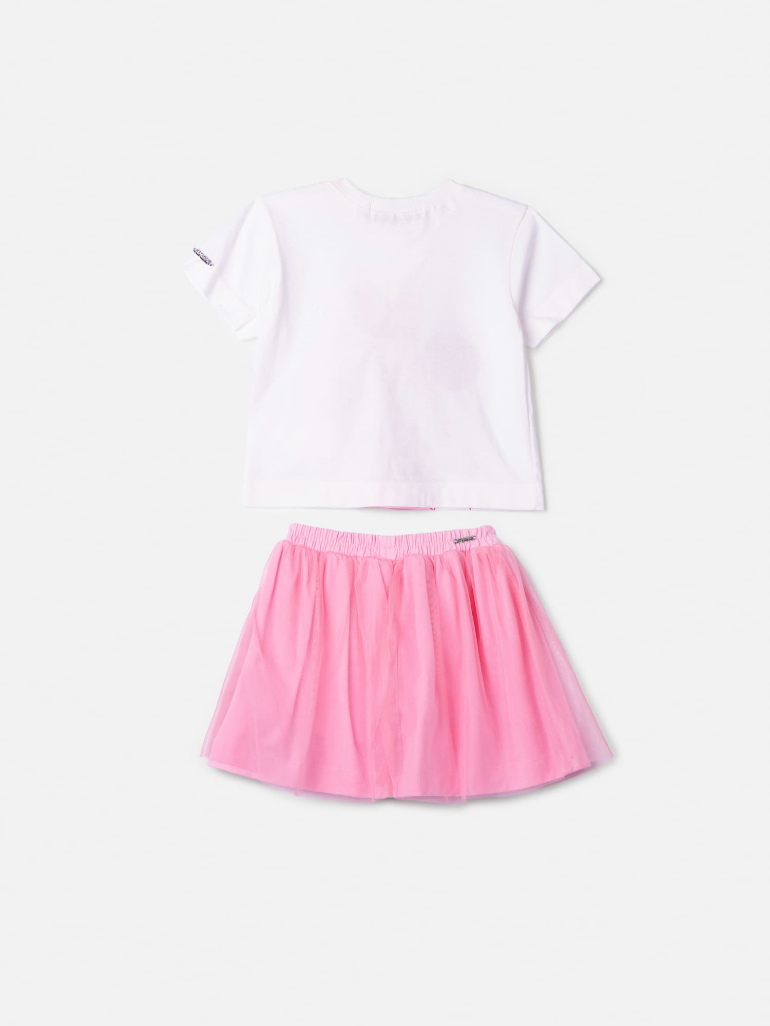 Conjunto Infantil Animê Verão com Saia em Tule Rosa e Blusa Branca Minnie Laço Disney