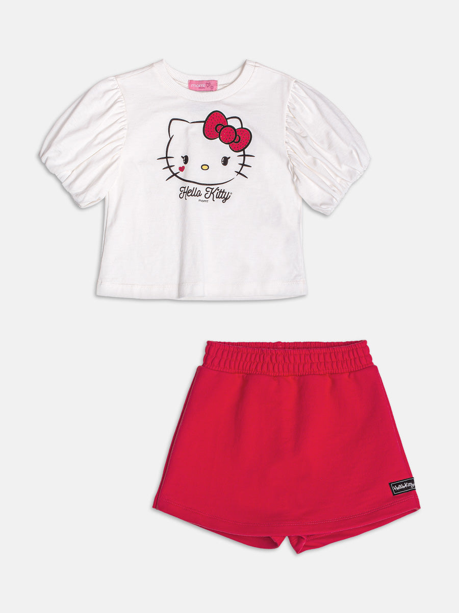 Conjunto Infantil Momi Verão com Shorts Saia Vermelho e Blusa Branca Hello Kitty com Strass