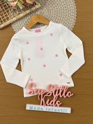 Blusa Infantil Cinti Inverno Manga Longa Branca Estrelinhas Rosa
