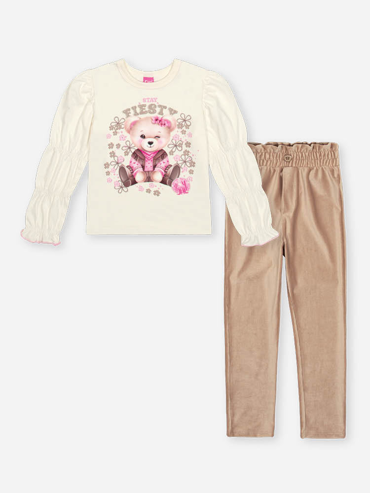 Conjunto Infantil Cinti Inverno com Calça  Bege e Blusa Manga Longa Ursinha Stay Fiesty