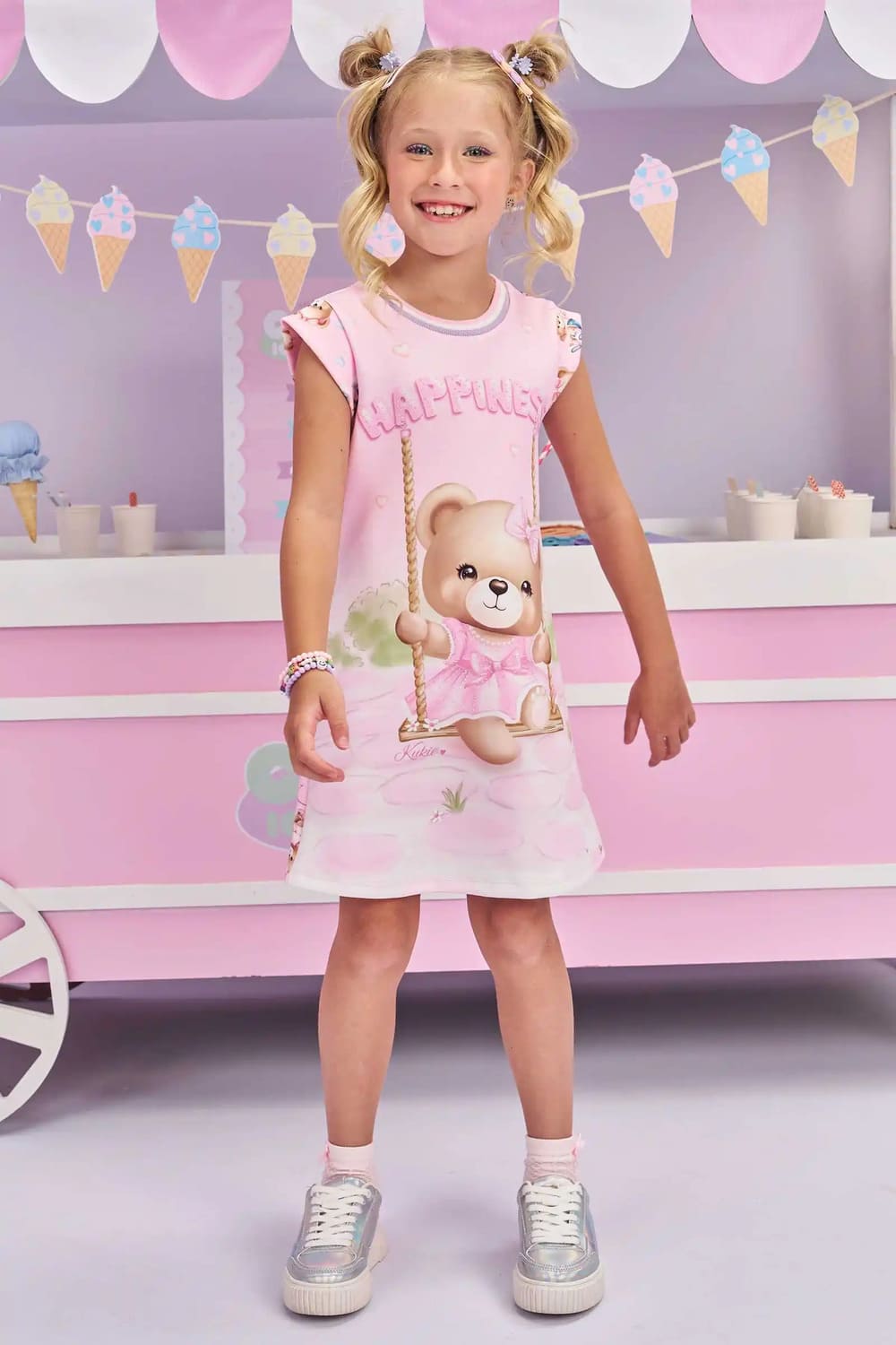 Vestido Infantil Kukie Verão Rosa Ursinha