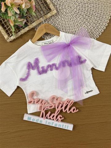 Blusa Infantil Animê Verão Branca Minnie com Lacinho em Tule