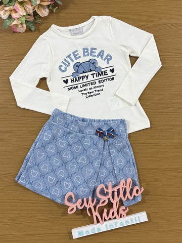 Conjunto Infantil Momi Inverno com Short Saia Azul e Blusa Branca Ursinho
