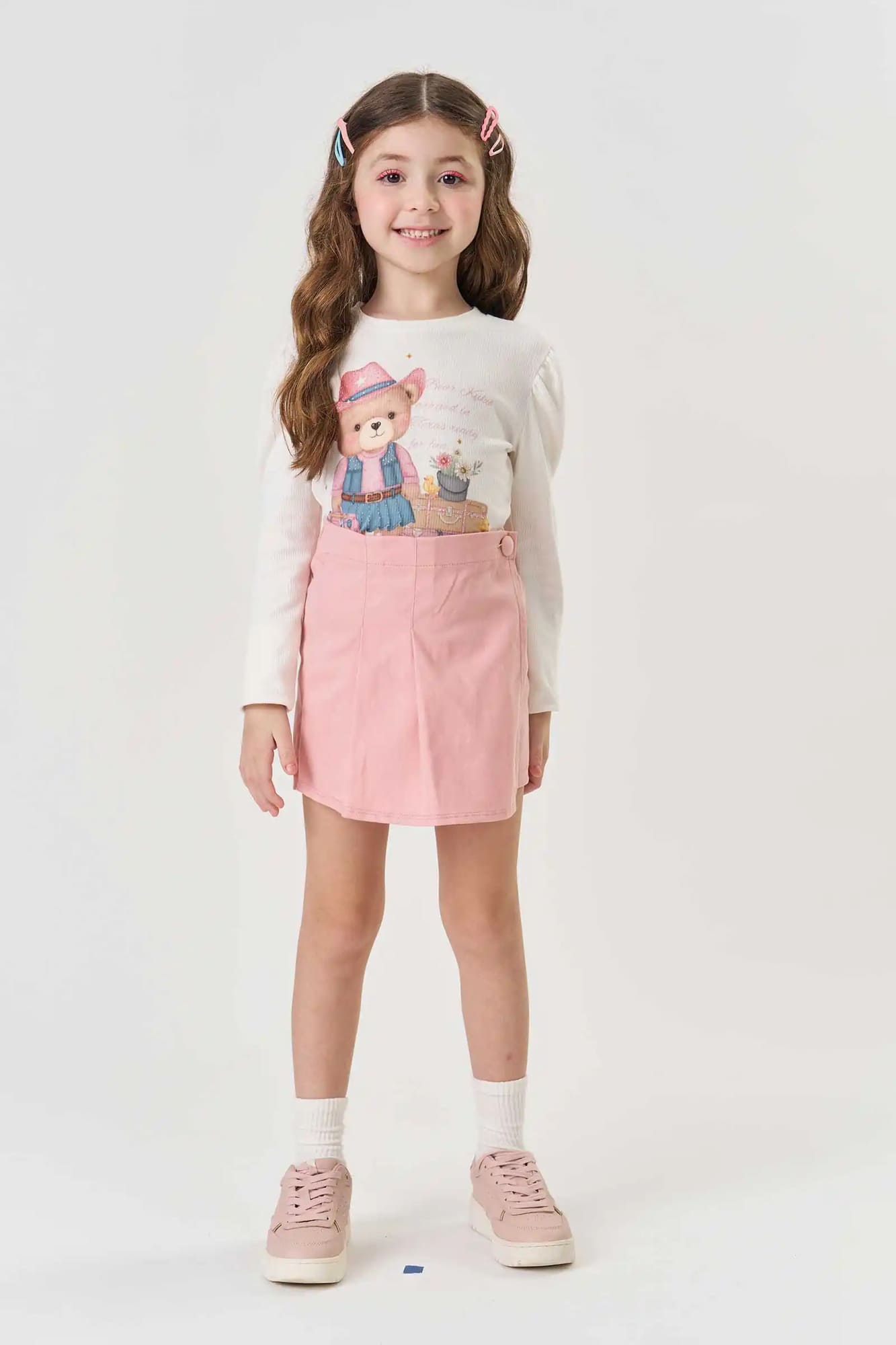 Conjunto Infantil Kukiê Inverno com Short-Saia Rosa e Blusa Manga Longa Ursinha Country
