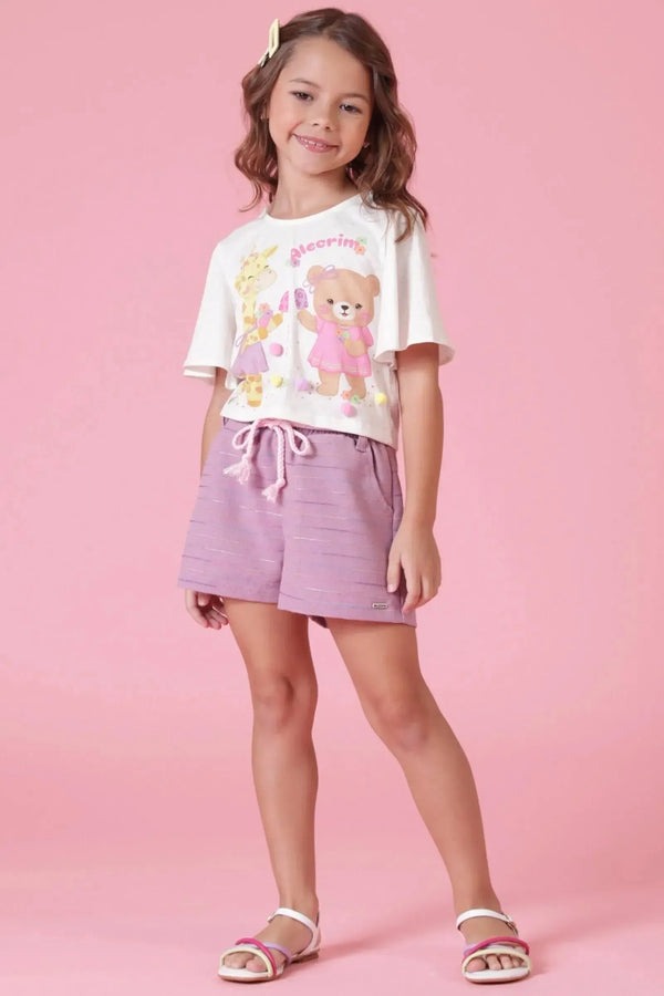 Conjunto Infantil Kukiê Verão com Shorts Roxo e Blusa Off White Ursinha e Girafa