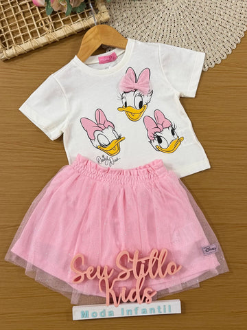 Conjunto Infantil Momi Inverno com Saia em Tule Rosa e Blusa Manga Curta Daisy Duck Disney