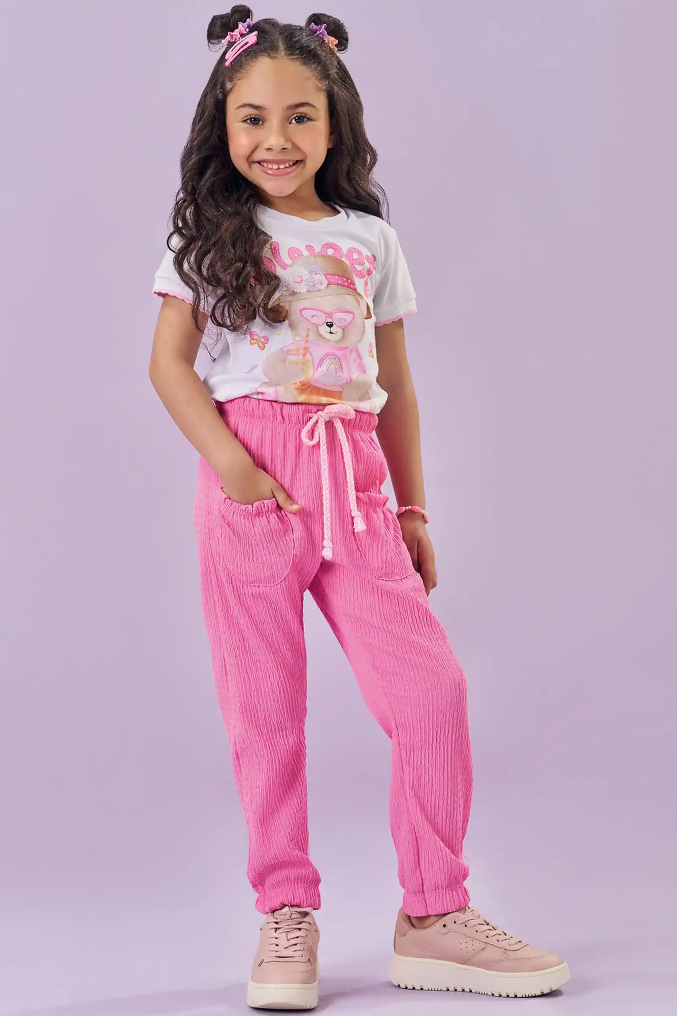 Conjunto Infantil Kukiê Verão com Calça Rosa e Blusa Branca Ursinha Sweet