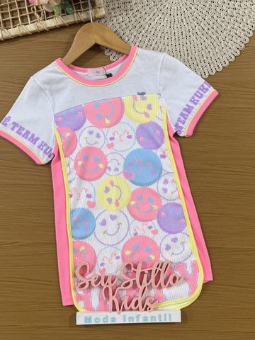 Vestido Infantil Kukiê Verão Branco Emojis em Paetê