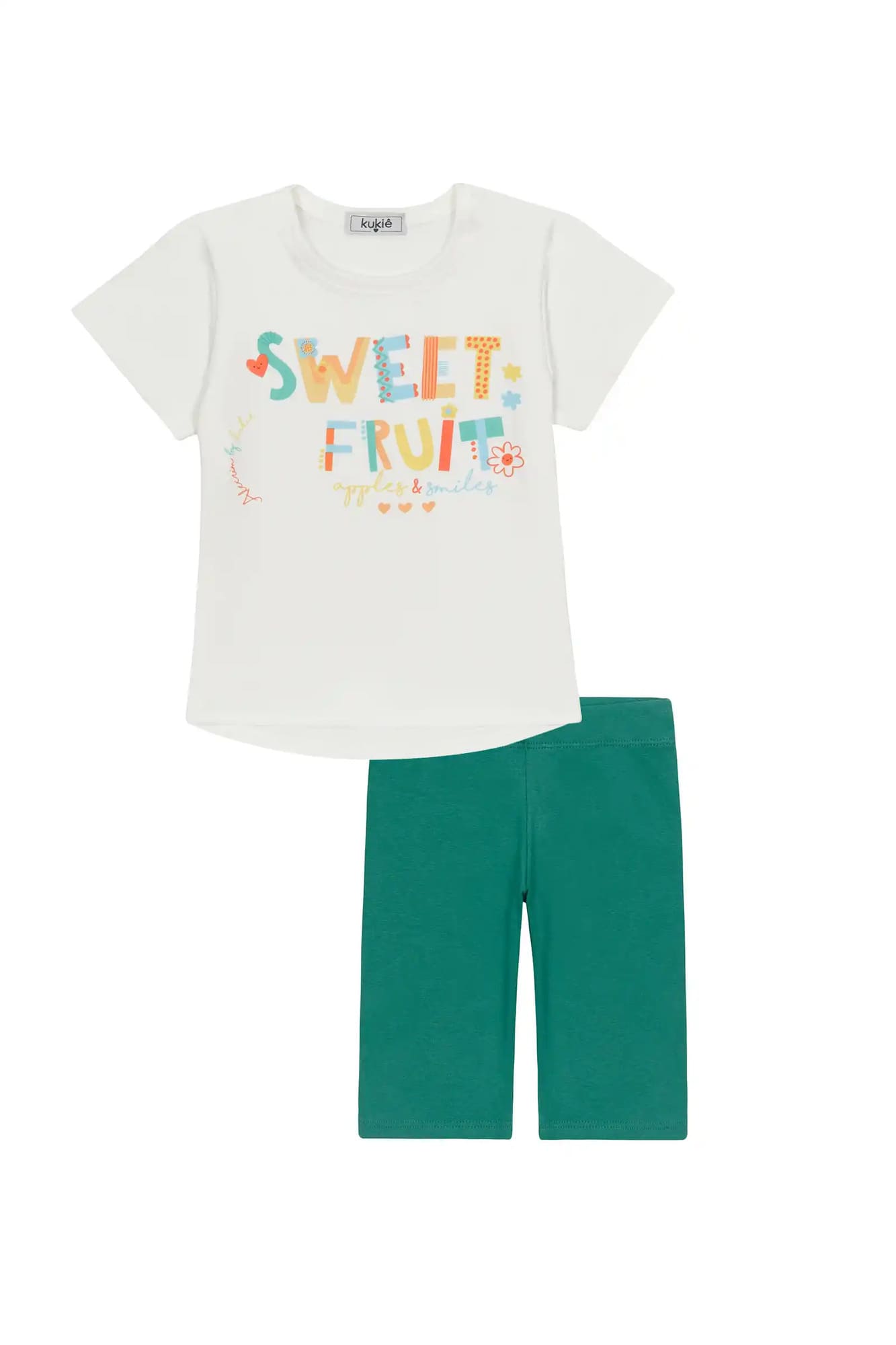 Conjunto Infantil Kukiê com Shorts Ciclista Verde e Blusa Manga Curta Sweet Fruit