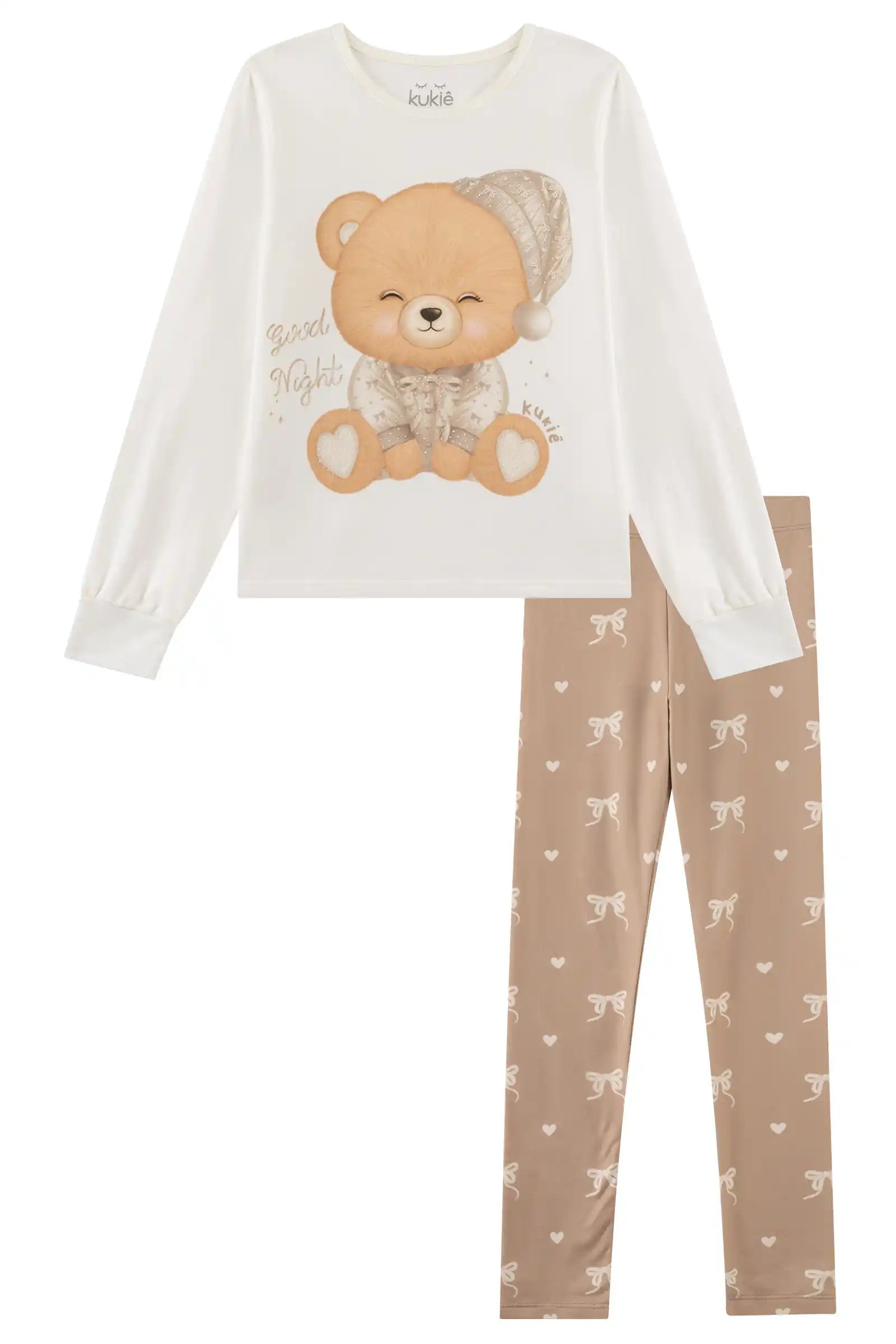 Pijama Infantil Kukiê Inverno com Calça Bege e Blusa Branca Ursinho