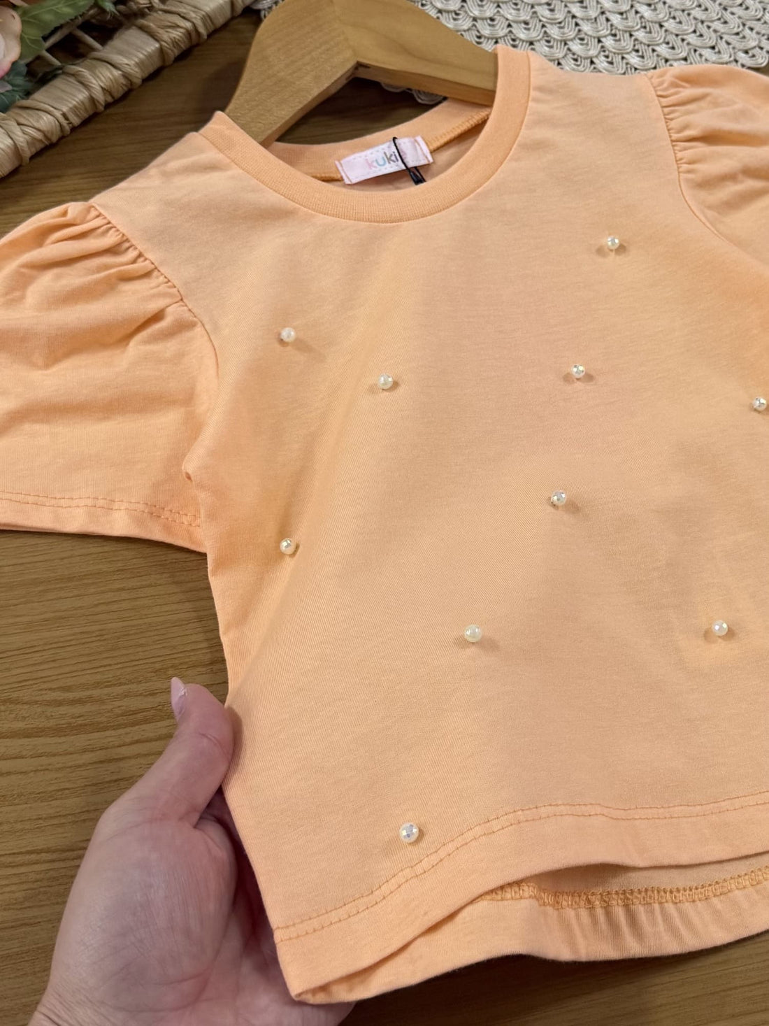 Blusa Infantil Kukiê Verão Laranja com Perolas