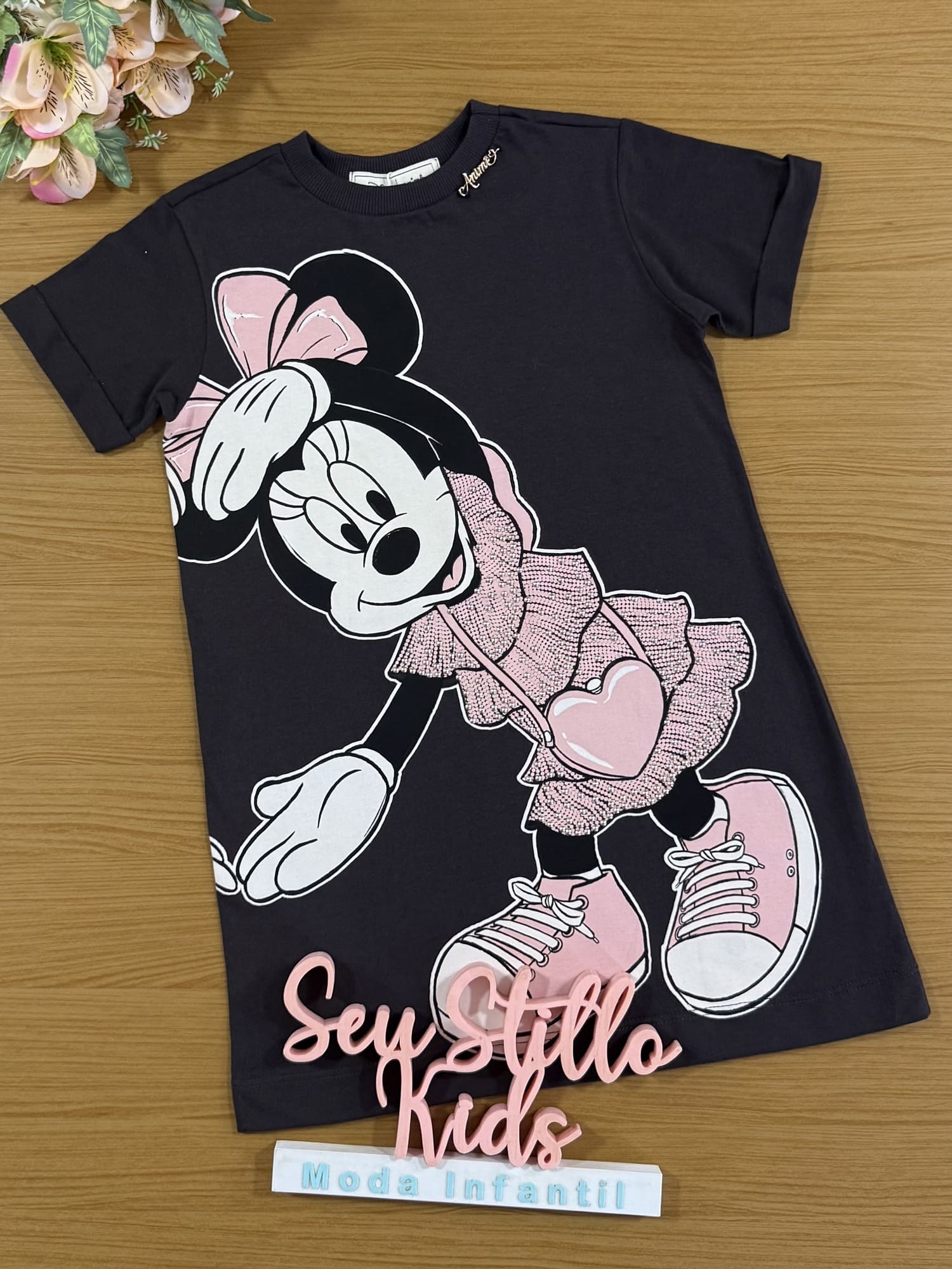 Vestido Infantil Animê Cinza Escuro Minnie e Margarida Disney