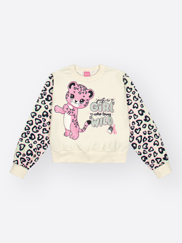 Conjunto Infantil Cinti Inverno com Shorts e Moletom sem Flanela Branco Oncinha