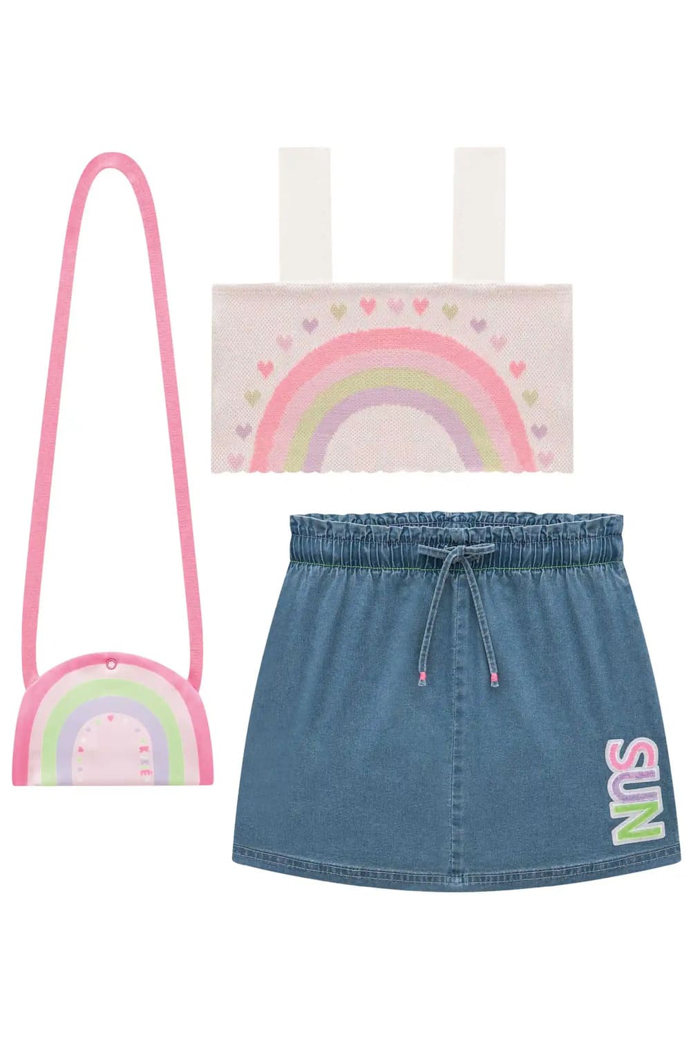 Conjunto Infantil Kukie Verão Saia Jeans e Top Cropped com Bolsinha Arco-íris