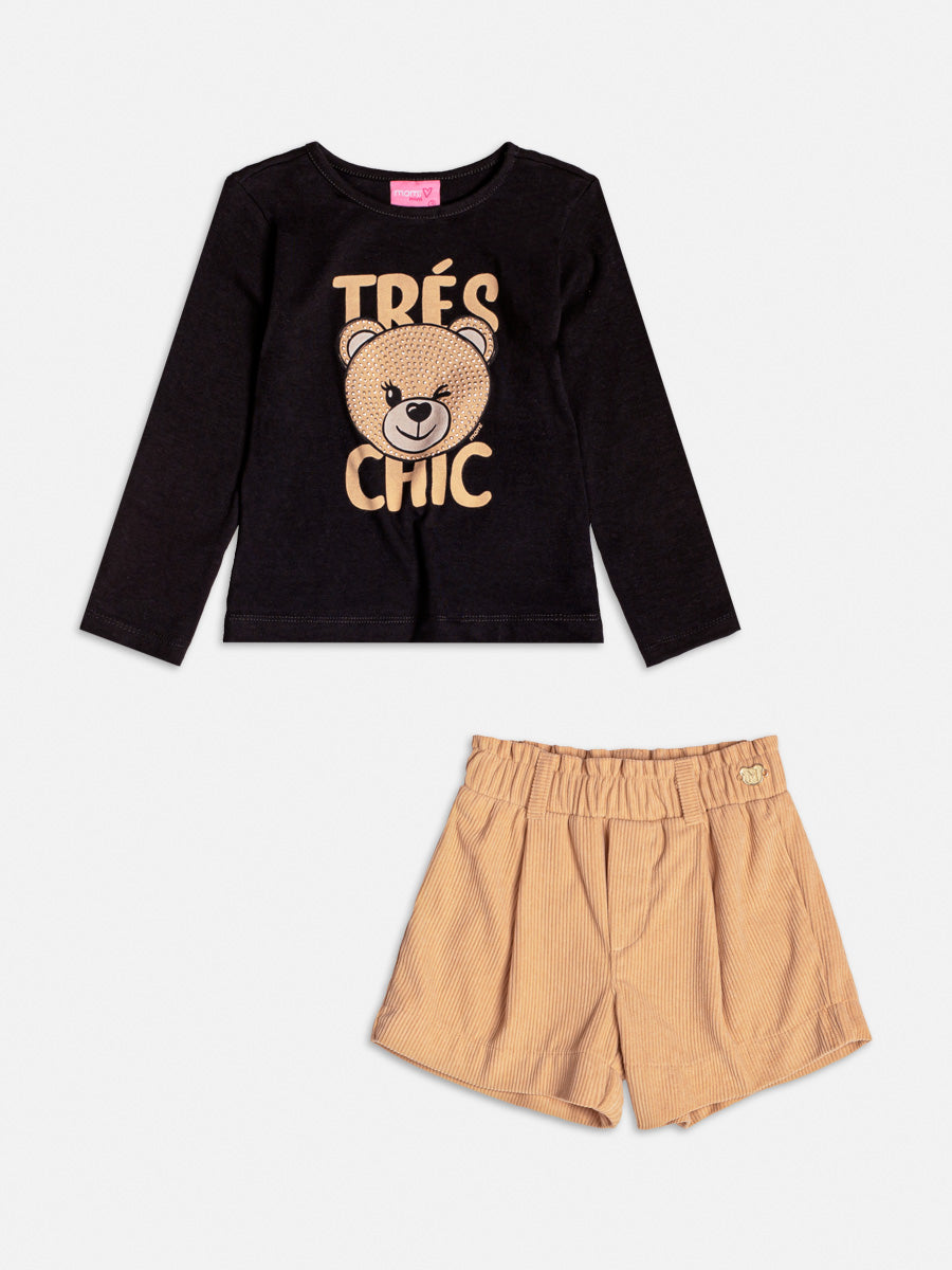 Conjunto Infantil Momi Inverno com Shorts Marrom e Blusa Preta Ursinho