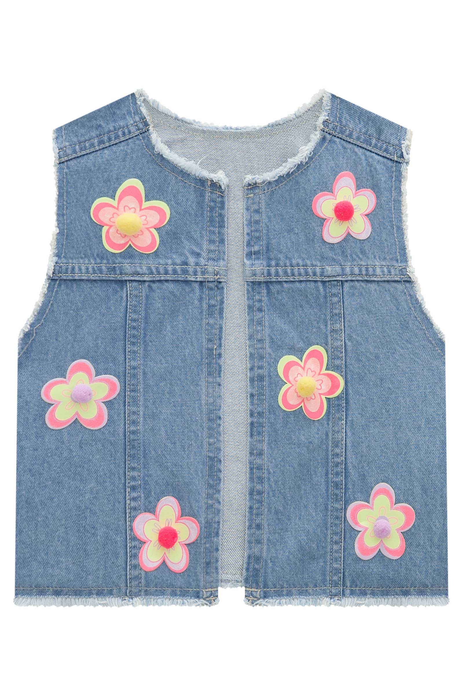 Vestido Infantil Kukie Verão Rosa Com Colete Jeans Flor