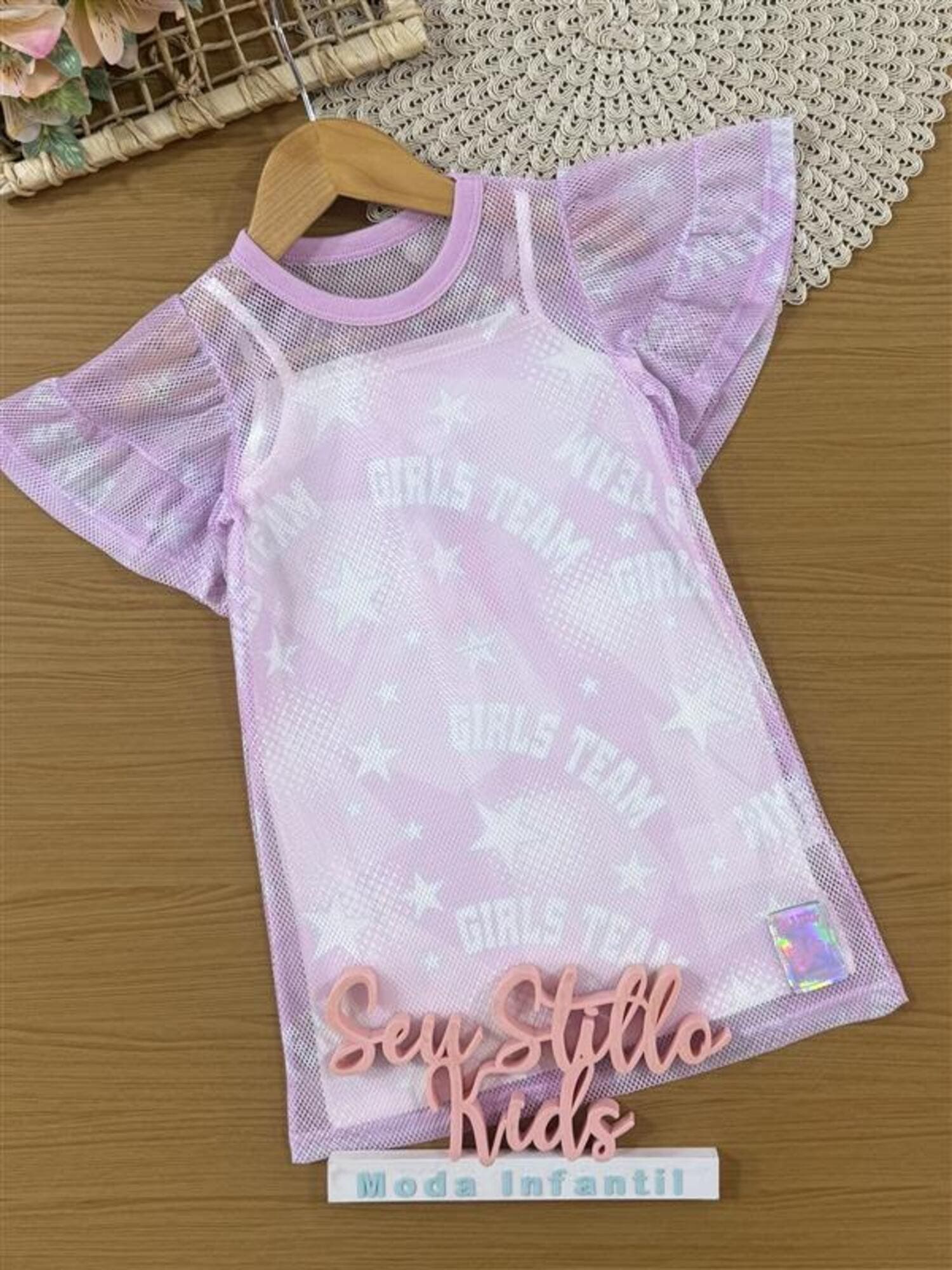Vestido Infantil Cinti Verão Branco com Sobreposição em Tela Lilás