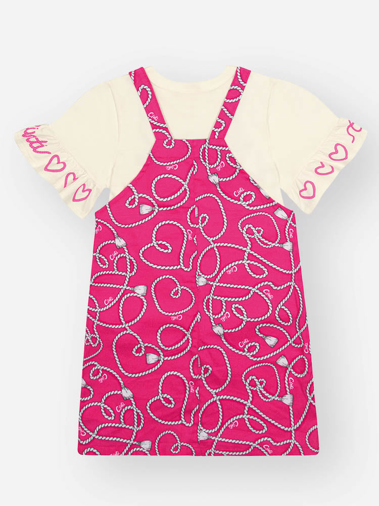 Salopete Infantil Cinti Verão Rosa Laço 3D e Blusa Branca Corações