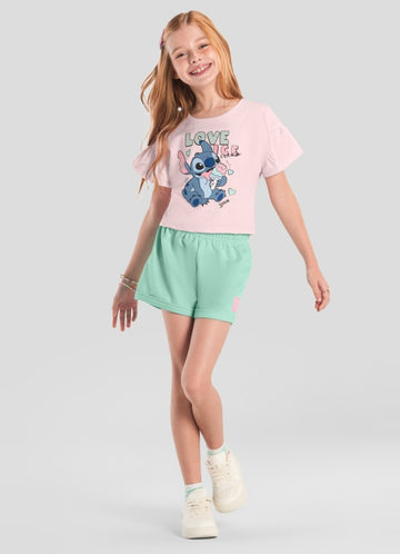 Conjunto Infantil Menina Brandili com Shorts Verde e Blusa Rosa Stitch Love Ice Disney