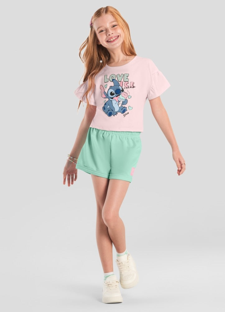 Conjunto Infantil Menina Brandili com Shorts Verde e Blusa Rosa Stitch Love Ice Disney