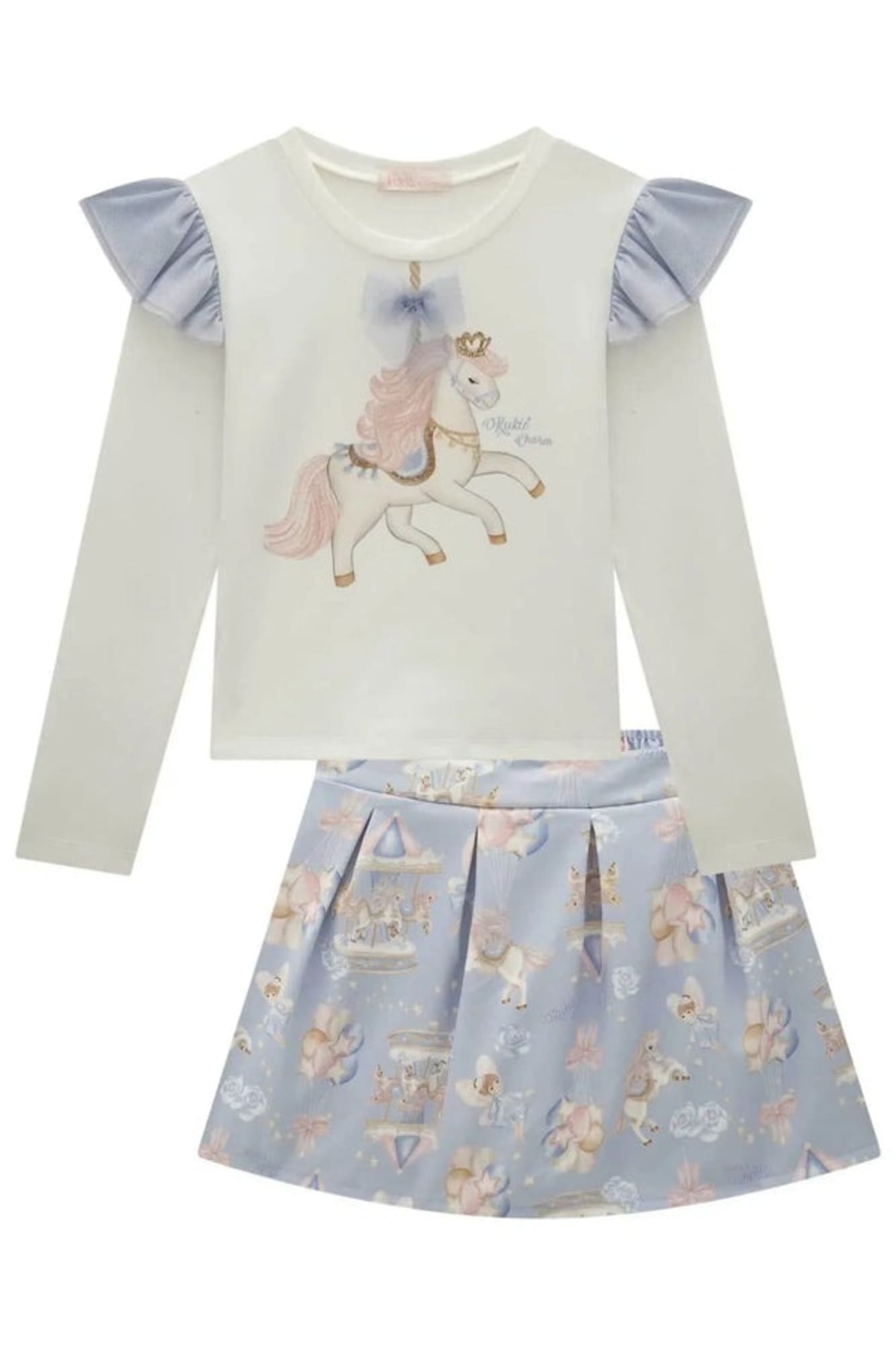 Conjunto Infantil Kukiê Inverno com Saia Azul e Blusa Manga Longa Branca Cavalinho