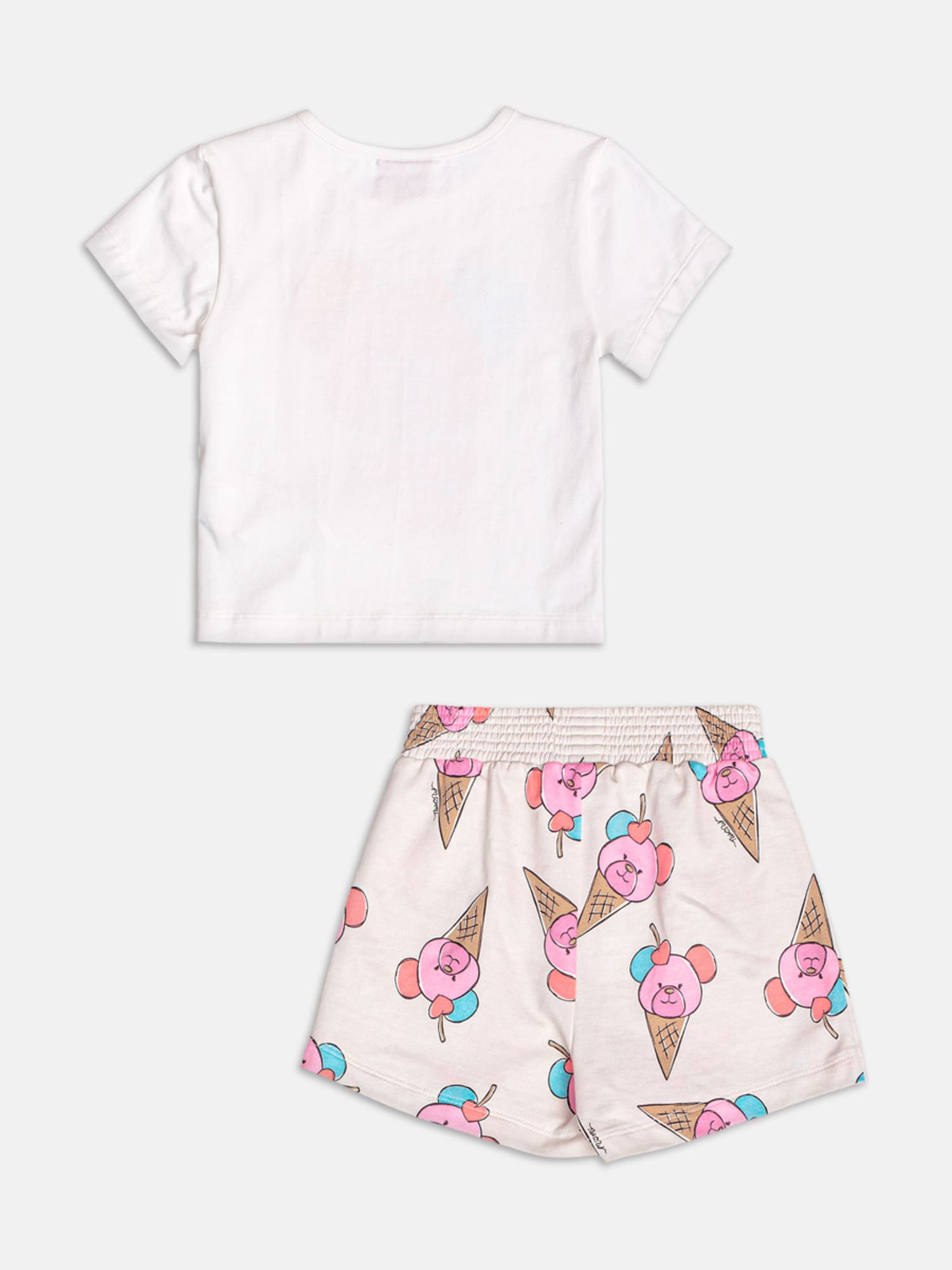 Conjunto Infantil Momi Verão com Shorts Saia Bege e Blusa Branca Ursinha com Strass