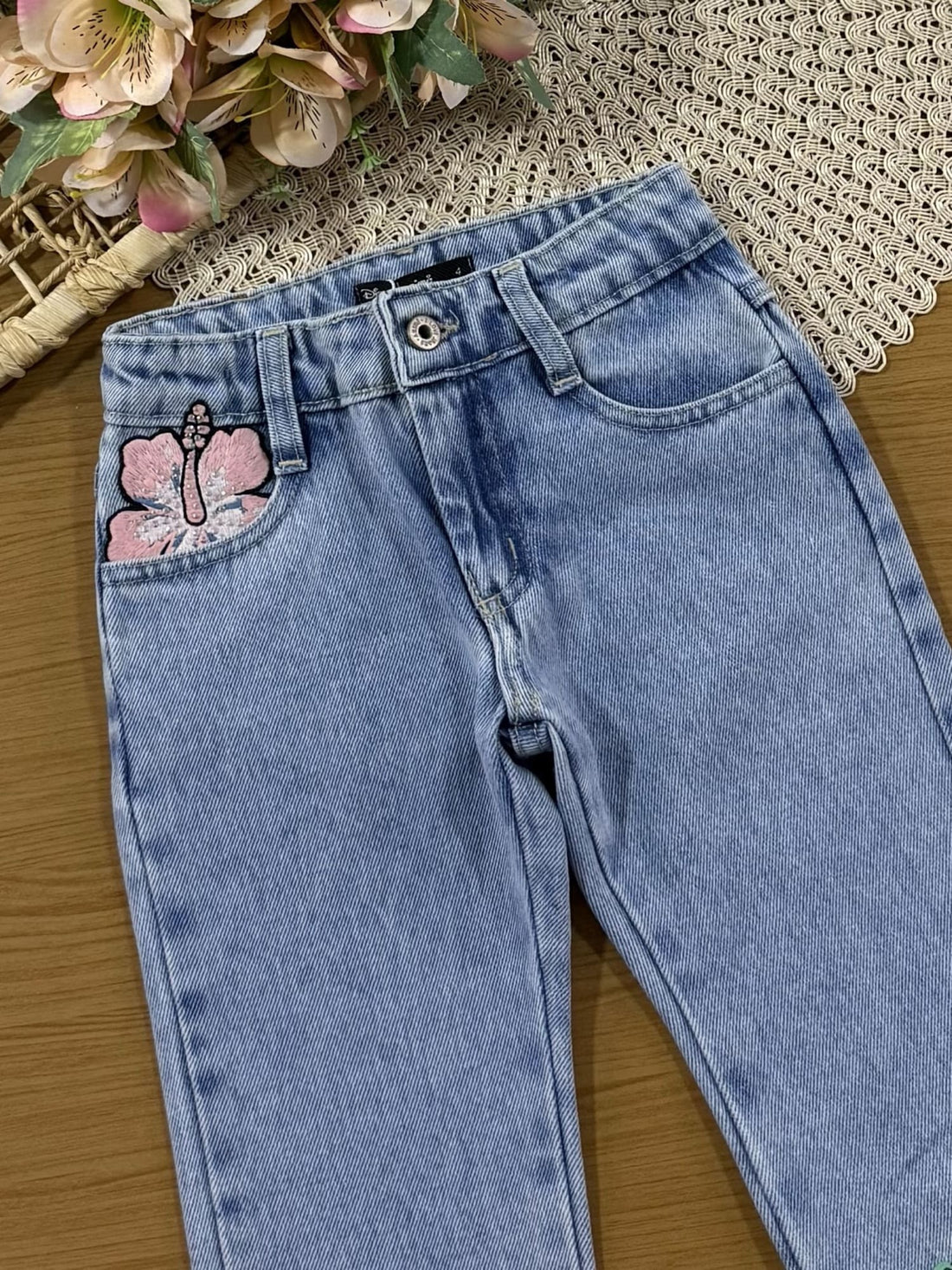 Calça Infantil Animê Inverno Jeans Stitch com Strass Disney