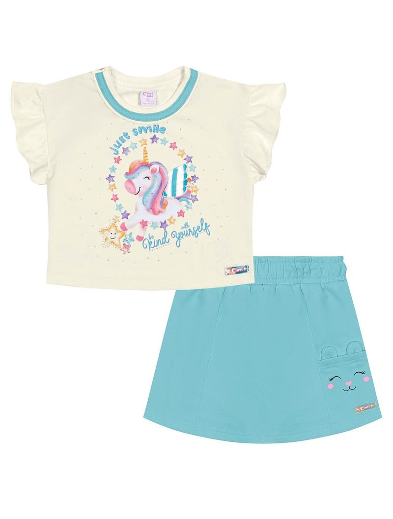 Conjunto Infantil Cinti Verão Shorts Saia Azul e Blusa Unicórnio