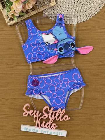 Biquíni Infantil Animê Verão Azul Stitch Disney