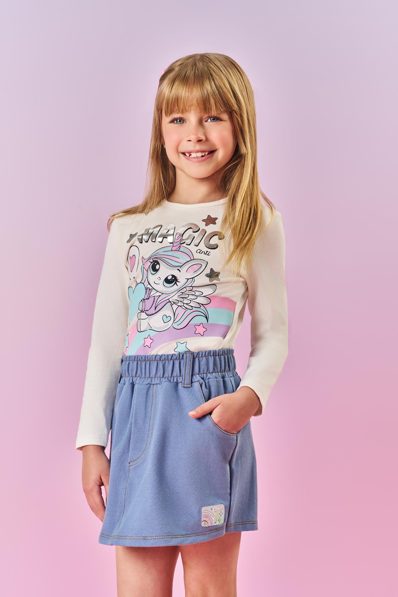 Conjunto Infantil Cinti Inverno Shorts Saia e Blusa Off White Unicórnio