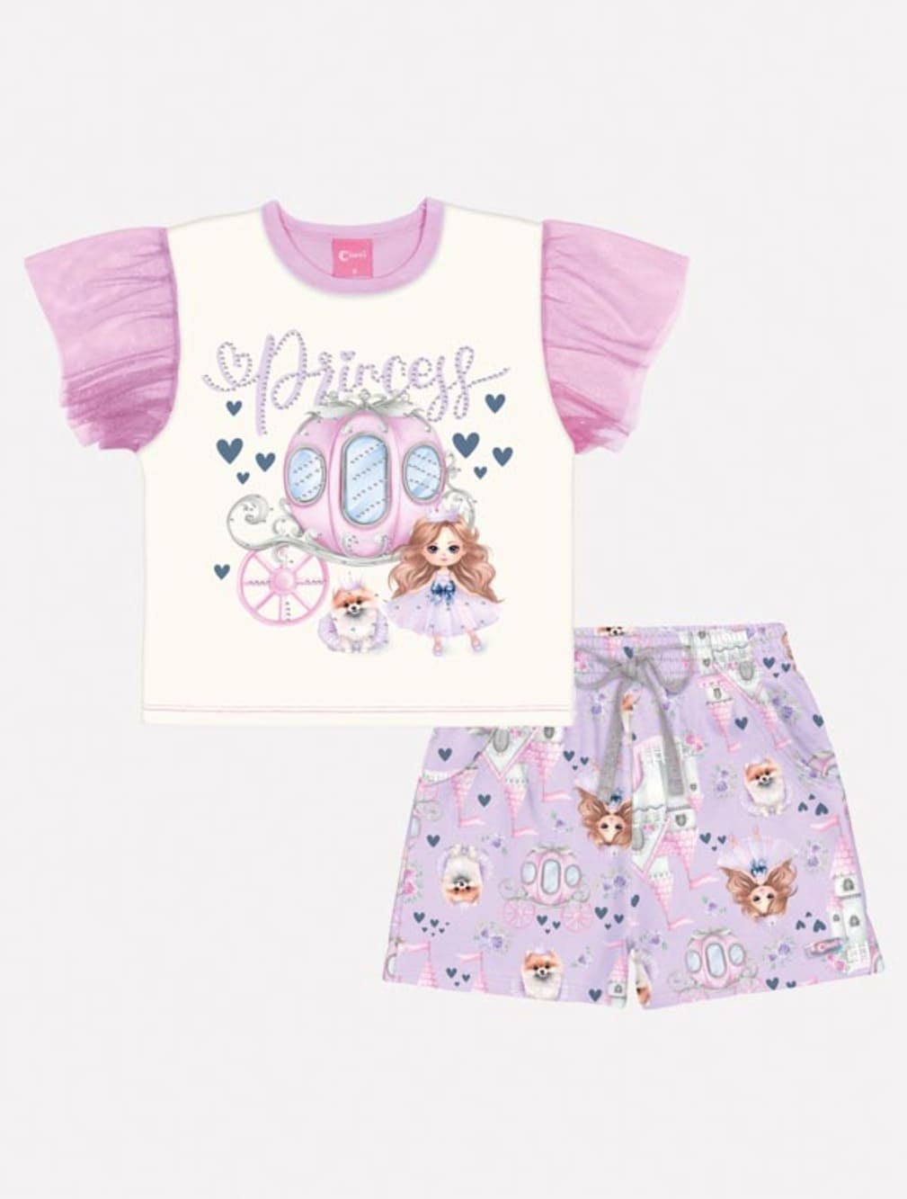Conjunto Infantil Cinti Verão Shorts Lilás e Blusa Princesa