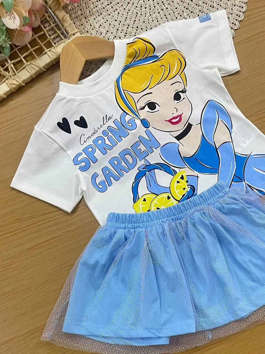 Conjunto Infantil Menina Bimbi com Saia Azul Tule e Blusa Branca Cinderella Disney