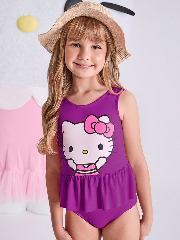 Maiô Infantil Momi Verão Roxo com Babado Hello Kitty