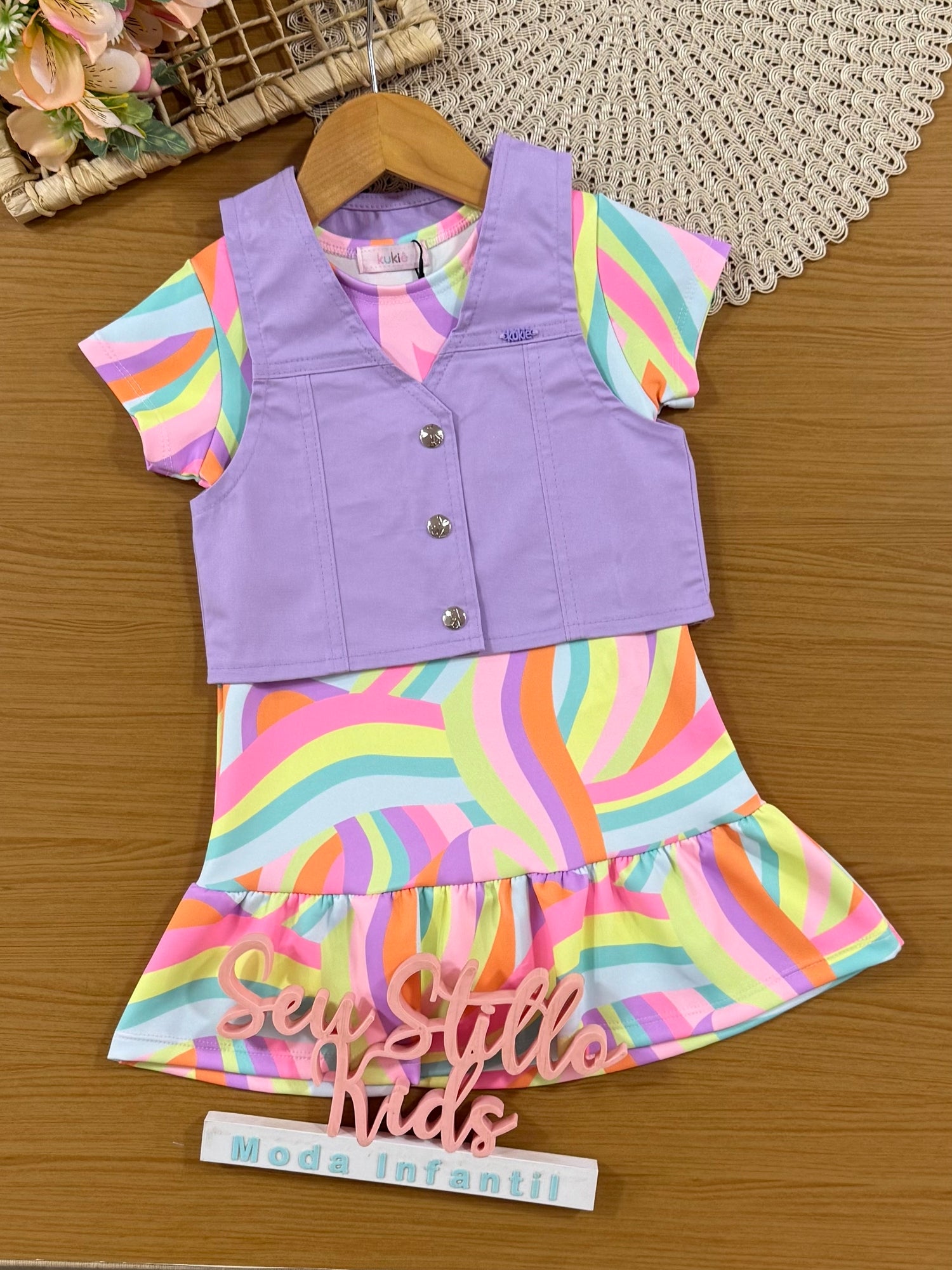 Vestido Infantil Kukiê Verão Colorido com Colete Lilás
