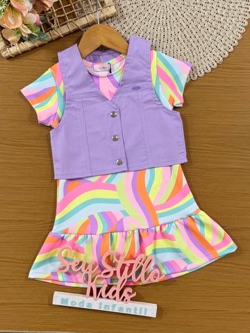 Vestido Infantil Kukiê Verão Colorido com Colete Lilás
