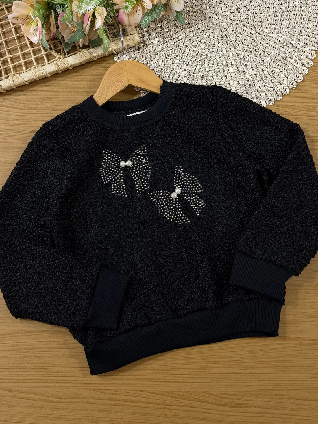 Conjunto Infantil Kukiê com Calça e Casaco Manga Longa Preta Laços
