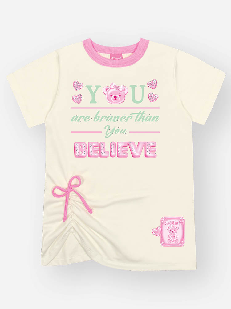 Conjunto Infantil Cinti Verão com Shorts Ciclista Verde e Blusa Branca Ursinha Believe