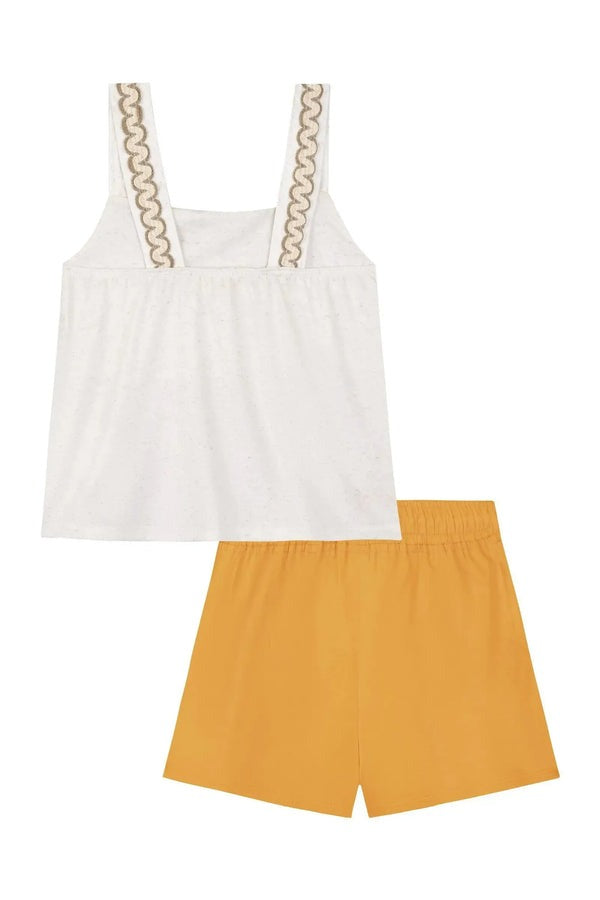 Conjunto Infantil Kukiê Verão com Shorts Laranja e Blusa Off White Bichinhos Passeio