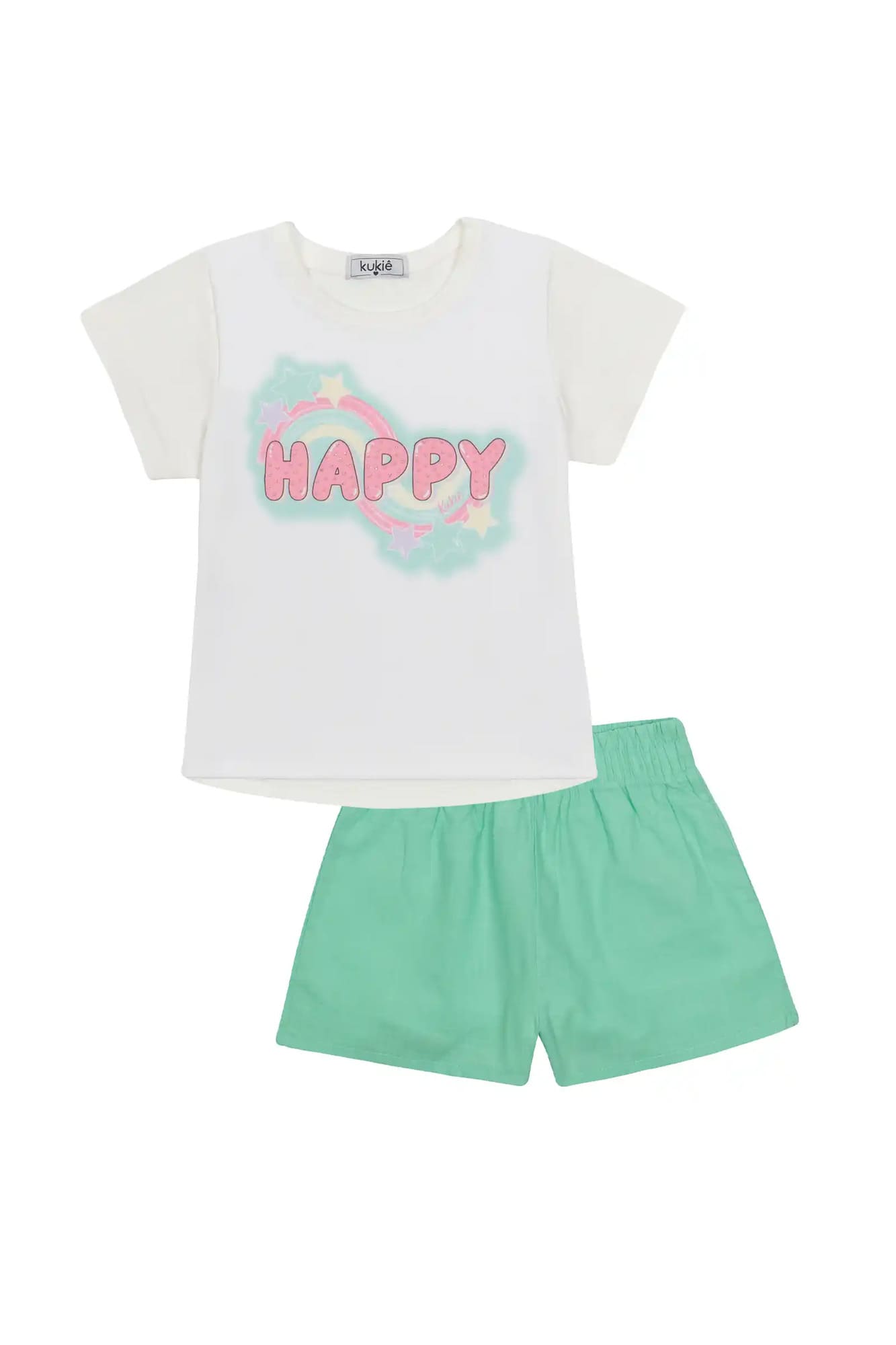 Conjunto Infantil Kukiê com Shorts Verde e Blusa Manga Curta Happy